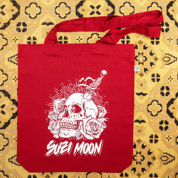 Suzi Moon – Totebag 'Skull & Roses' dark red